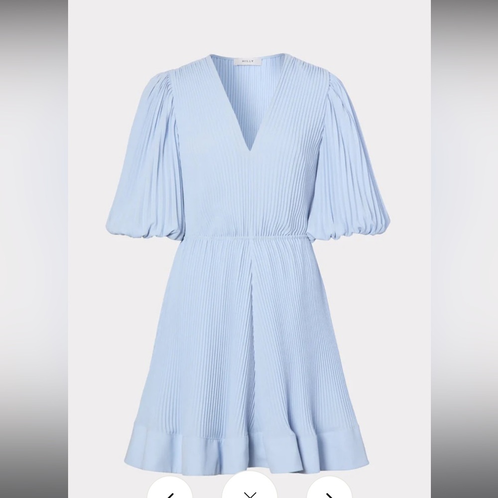 Milly Pleated Blue V-neck flair dress